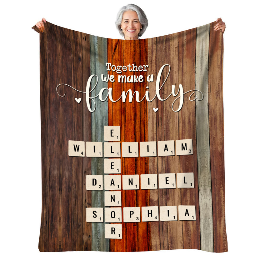 Together We Make A Family Theme,Cozy Family Blanket With Personalized Names, Rustic Finish, Crossword Inspired Name Arrangement, Personalized Blanket, Gifts For Mom Dad From Kids