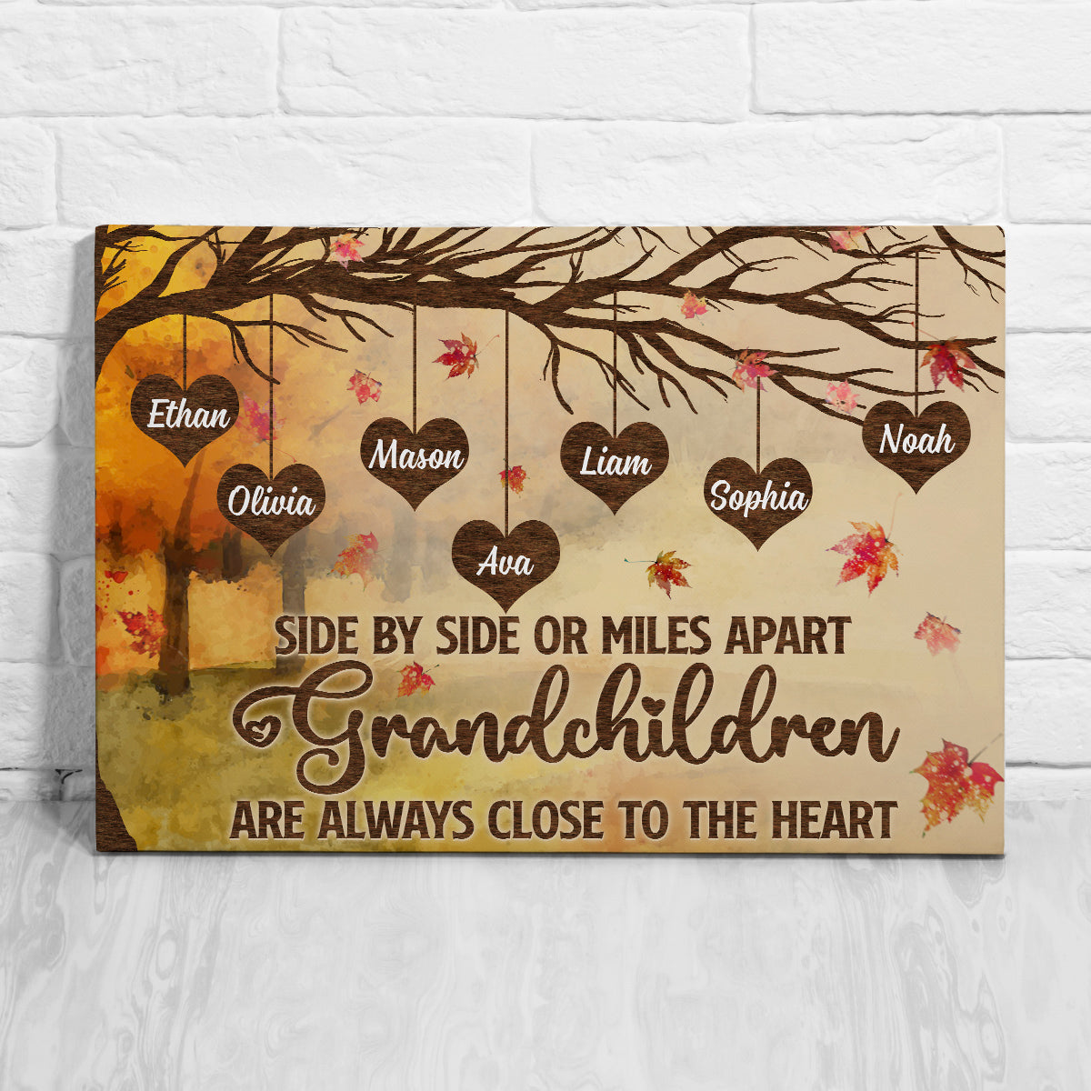 Grandma Gifts, Side By Side Or Miles Apart Grandchildren Are Always Close To The Heart Autumn Tree Heart With Names Canvas Wall Art, Gifts For Nana From Grandkids, Poster Prints Wall