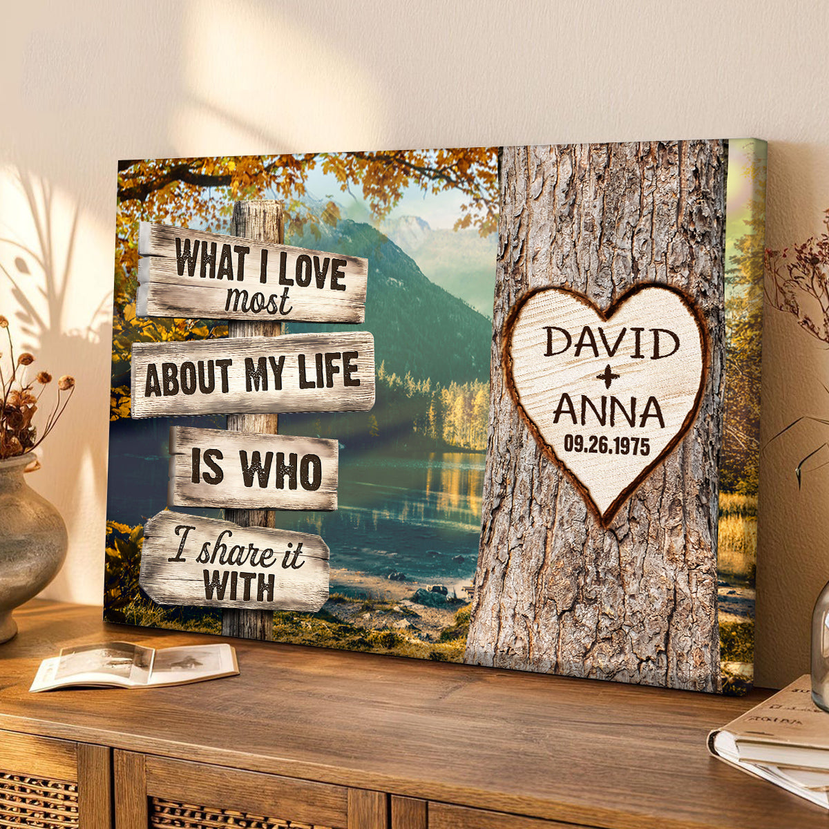 What I Love About My Life Is I Share It With Custom Name & Date Heart Carving On Tree Rustic Wood Sign With Autumn Forest, Personalized Canvas Wall Art, Gifts For Him Her Couple Poster