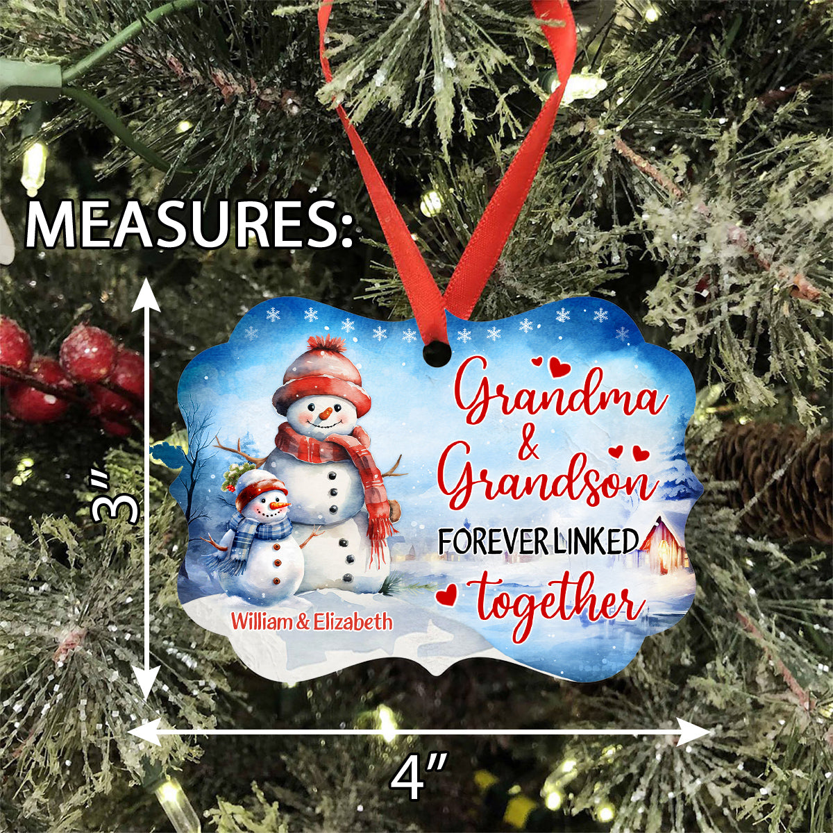 Grandma Gifts, Cute Xmas Winter Grandma & Grandson Forever Linked Together, Personalized Ornament, Gifts From Grandchildren