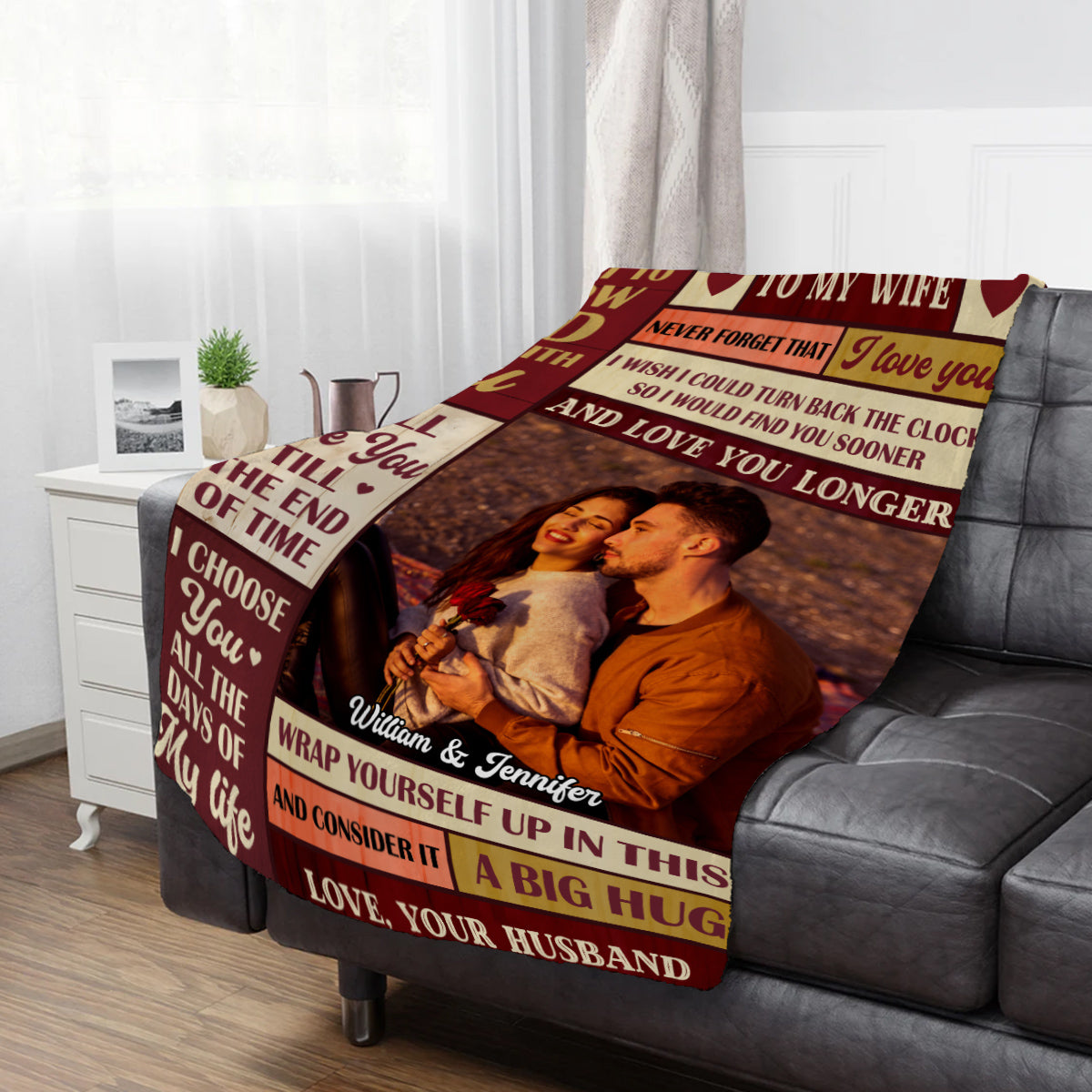 Romantic Wife Love Gifts, Vintage Burgundy Cozy Photo Blanket,To My Wife Blanket, I Want To Grow Old With You From Husband Anniversary