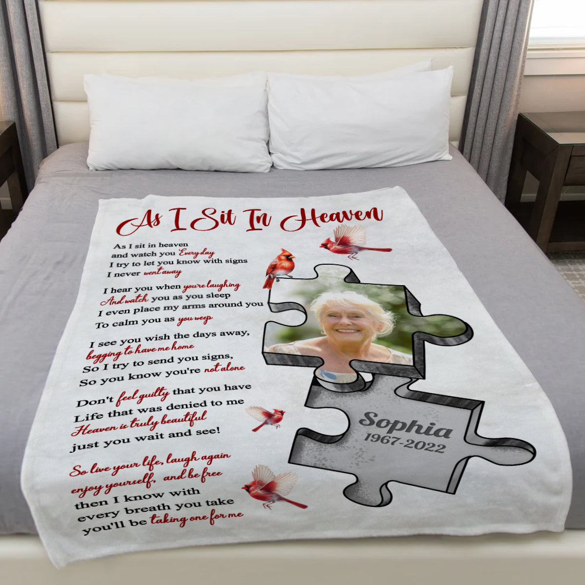 Sympathy Gifts, Memorial Blanket With Photo, In Memory Blanket, Remembrance Words From Heaven, Portrait Image With Symbolic Shape, Watching Over From Heaven Message, Loss Of Mom Dad