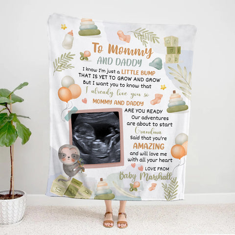 Cute Sloth Hi Mommy And Daddy Blanket Custom Ultrasound Picture For Mom To Be New Dad From Baby Bump Gifts For New Mommy, Fleece Sherpa Blanket Pregnancy Gifts Ideas Mothers Day