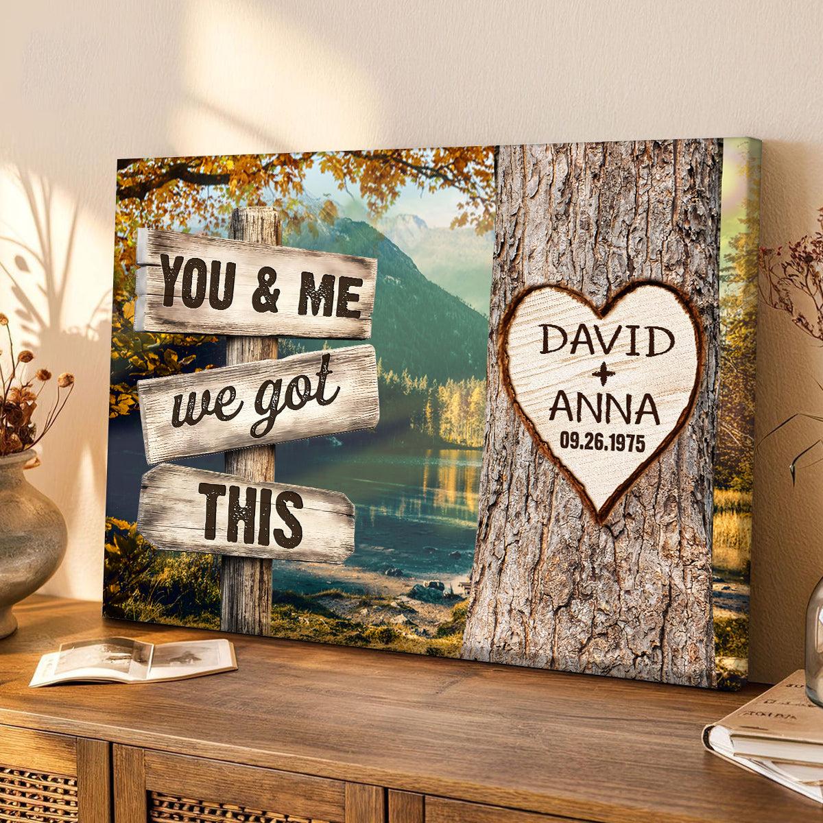 Personalized Couple Poster We Got Rustic Wood Sign Print Custom Name & Date Heart On Tree Autumn Forest Landscape, You & Me, Gifts For Him Her From Honey, Canvas Prints Wall Decor