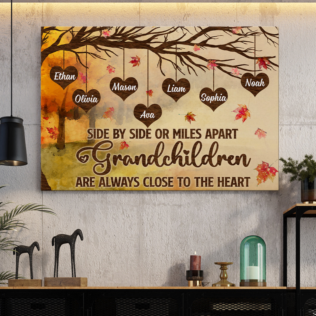 Grandma Gifts, Side By Side Or Miles Apart Grandchildren Are Always Close To The Heart Autumn Tree Heart With Names Canvas Wall Art, Gifts For Nana From Grandkids, Poster Prints Wall