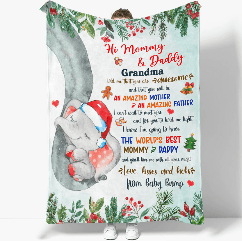 Personalized Blanket For Mommy Daddy From Baby Boy Girl New Parents Gifts I Can't Wait To Meet You Cute Sleeping Elephant Baby Bump Custom Name Fleece Sherpa Blanket Gifts For Christmas Xmas