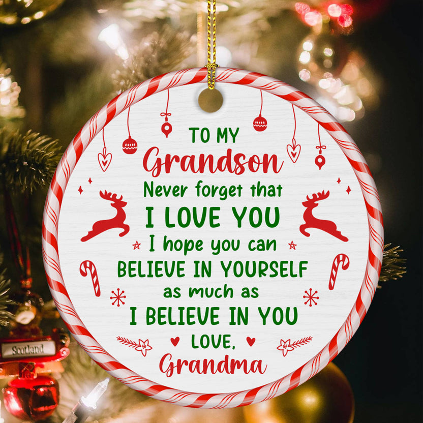 Grandsons Gifts, As Much As I Believe In You Christmas Theme Candy Cane Circle Ceramic Ornament, Personalized Christmas Ornament, Gifts For Boys From Nana, Xmas Tree Decor, For Birthday