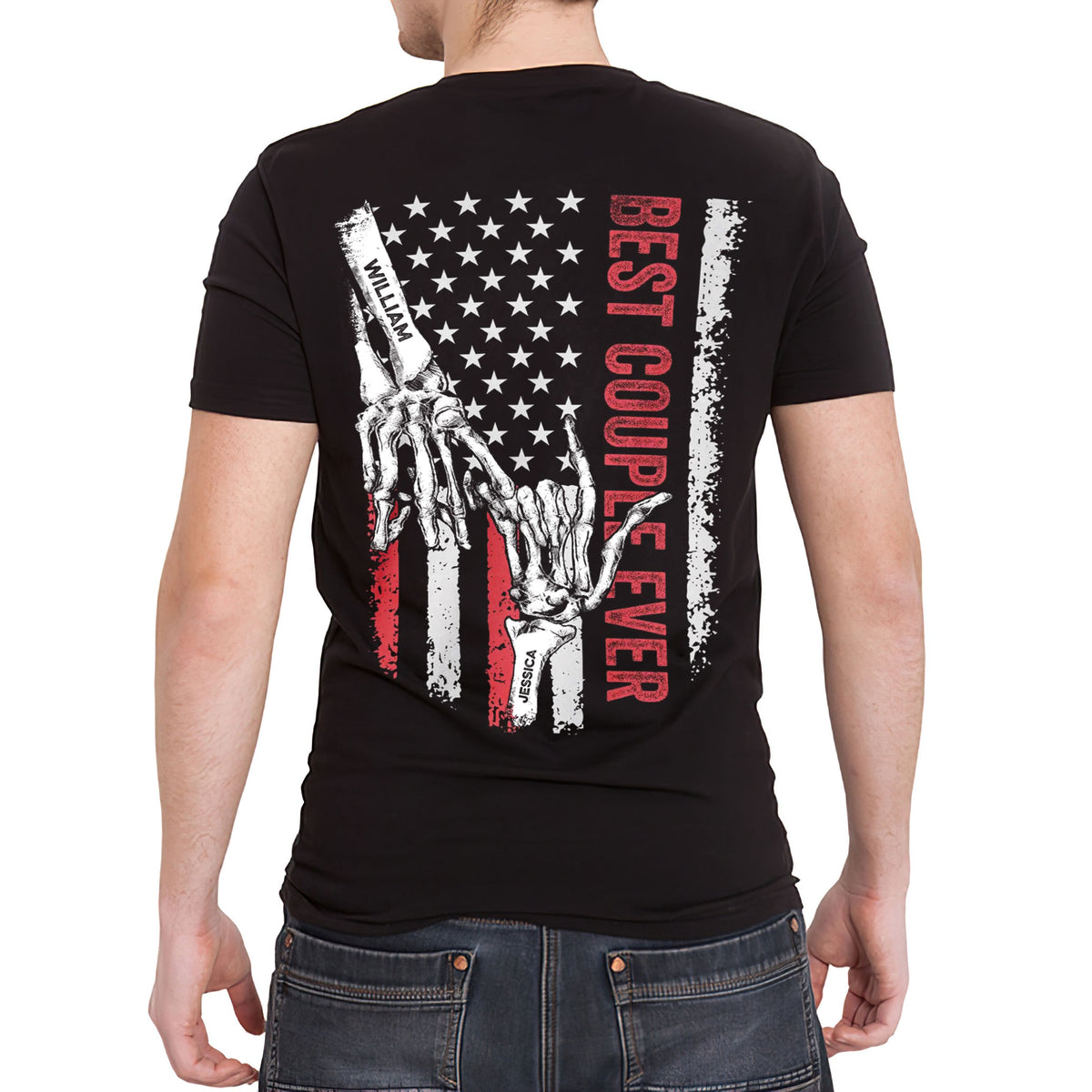 Personalized T-Shirt For Wife Wifey From Him Her Darling Couple Ever Flag Back Side Printed Bone Skeleton Custom Name Gifts For Couple Short Shirt Gifts For Men Women On Valentines
