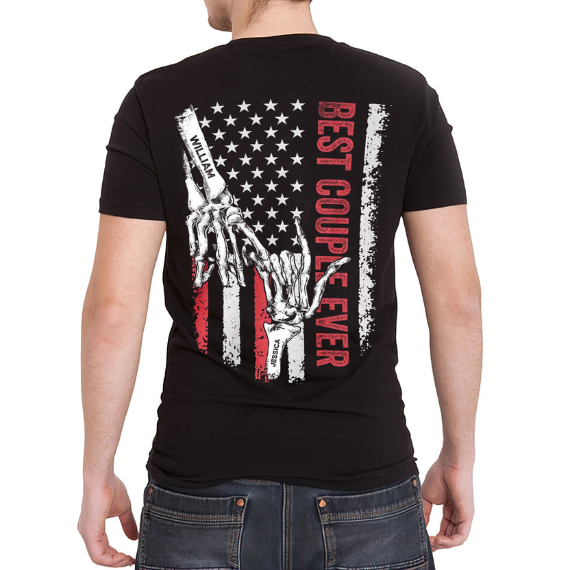 Personalized T-Shirt For Wife Wifey From Him Her Darling Couple Ever Flag Back Side Printed Bone Skeleton Custom Name Gifts For Couple Short Shirt Gifts For Men Women On Valentines