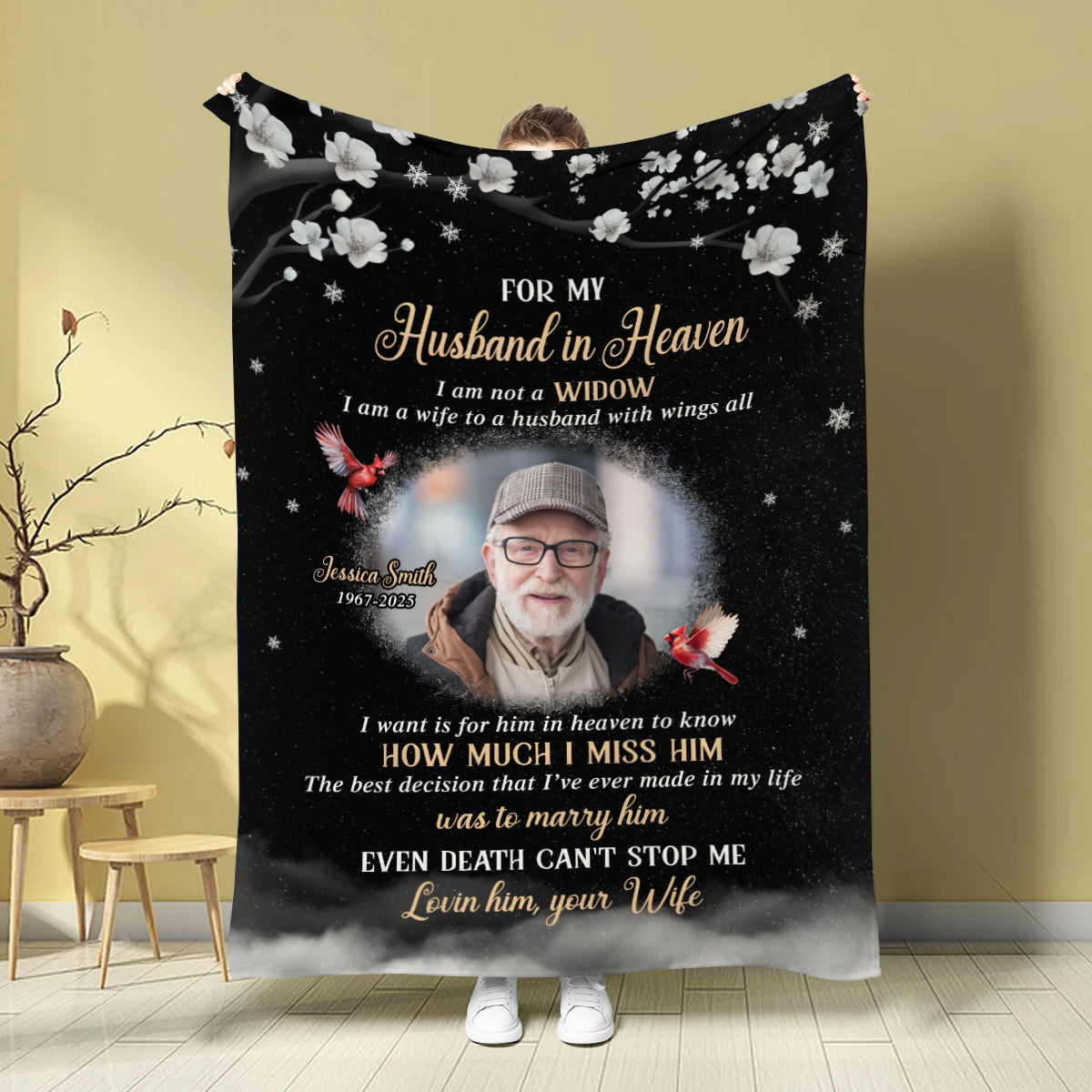Sympathy Gifts, Memorial Blanket With Photo, For My Husband In Heaven I Am Not A Widow I Am A Wife To  Husband With Wing, Loss Of Loved Ones Blanket, Funeral Gifts For Anniversary