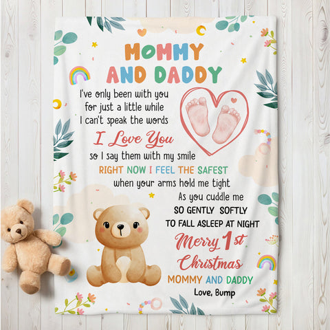 Merry 1st Christmas Mommy Daddy I've Only Been With You A While Footprint Baby Bear, Personalized Blanket, Gifts For New Parents, Fleece Sherpa Blanket, New Parents, Gifts For Xmas