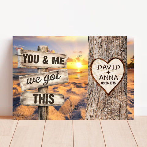 You & Me, We Got Rustic Wood Sign With Tree Heart & Sunset Beach, Personalized Canvas Wall Art, Gifts For Him Her, Poster Prints Wall Decor, Gifts For Valentine Anniversary