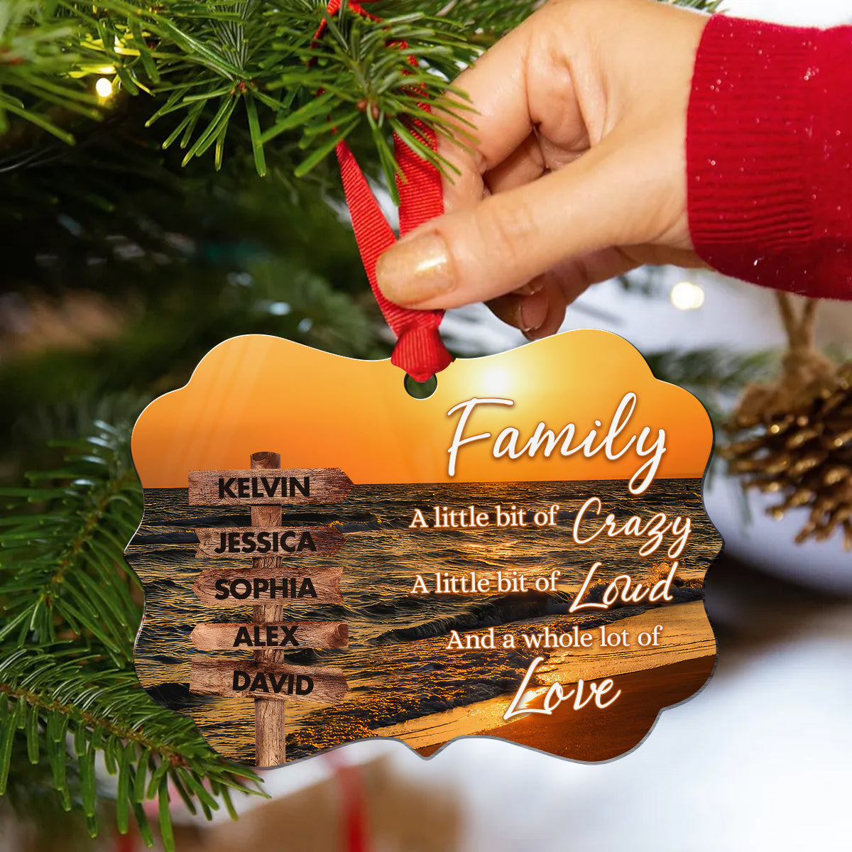 Family Little Bit Of Crazy, Little Bit Loud And Whole Lot Of Love Wooden Street Sign With Names Seascape Christmas Ornament