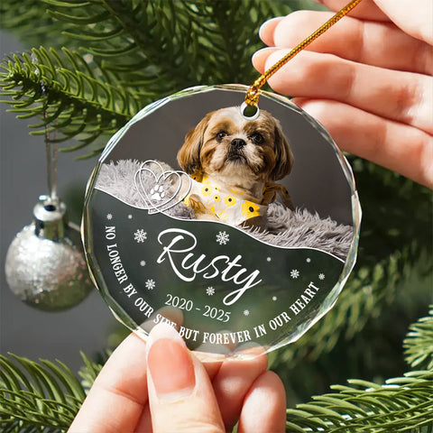 No Longer By Our Side But Forever In Our Heart Glass Circle Ornament, Personalized Pet Memorial Ornament With Photo, Gifts For Loss Of Dog, Tree Decor Christmas Keepsake, Pet Loss Gifts