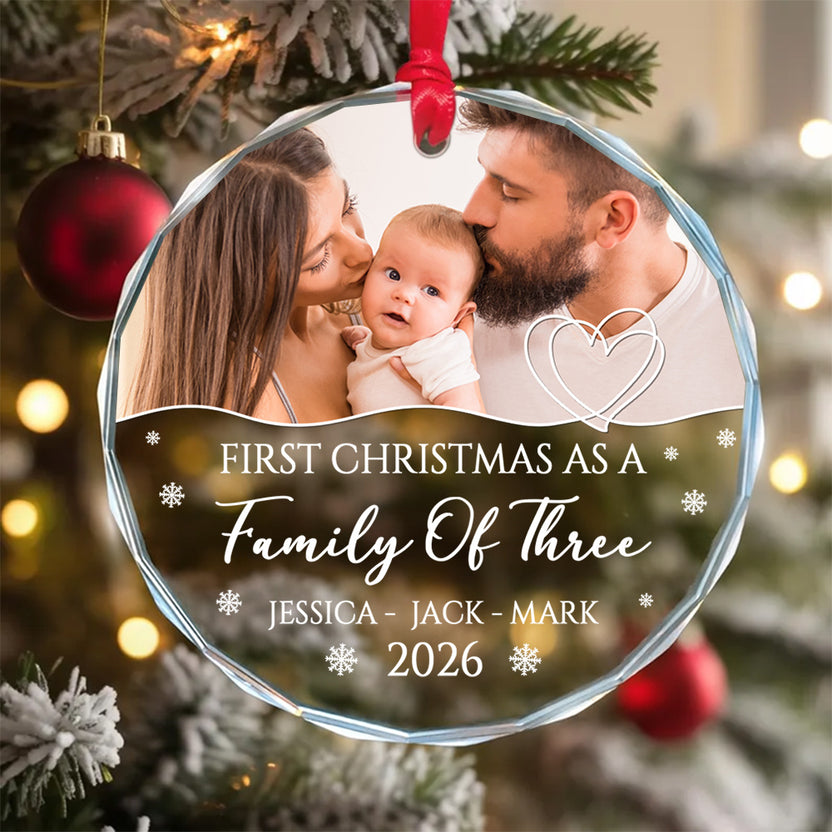 Custom Holiday Glass Ornament, First Christmas As A Family Of Three, Personalized Family Keepsake, Custom Holiday Tree Decor, Tree Hanging Ornament, Gifts For New Siblings