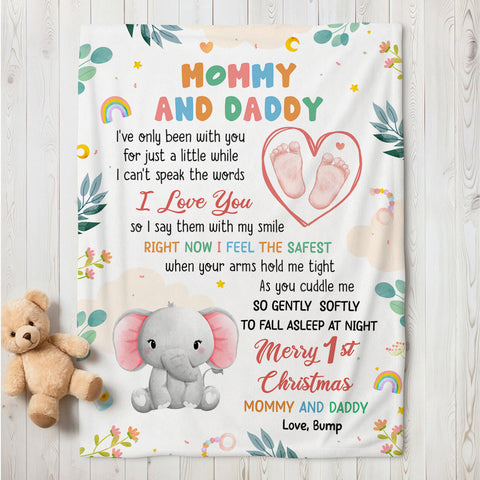 Merry 1st Christmas Mommy Daddy I've Only Been With You A While Footprint Baby Elephant, Personalized Blanket, Gifts For New Parents, Fleece Sherpa Blanket, New Parents Xmas Christmas