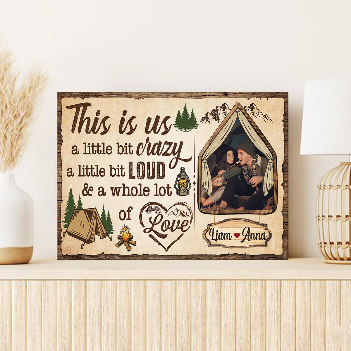 Rustic Tent Camping Couple Canvas Print, A Whole Lot Of Love Wording, Personalized Name Cabin Home Decor Canvas Wall Art, Gifts For Him Her Poster Prints Decor, Gifts For Valentine