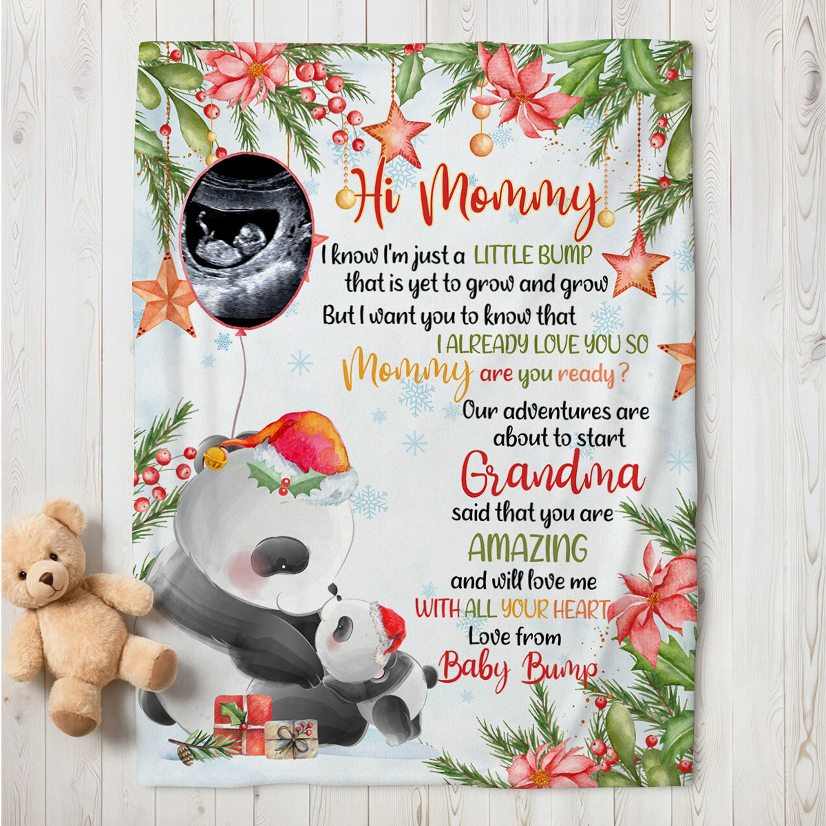 Personalized Panda Christmas Baby Blanket, Custom Photo Ultrasound Baby Bump Gifts For New Mom New Dad Wife, Christmas Fleece Sherpa Blanket Expecting Parents Gifts For Mom To Be,