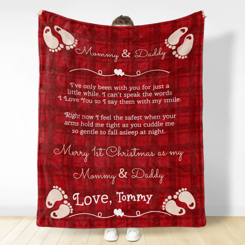 Personalized Blanket For Dad Mom To Be From New Born Merry 1st Christmas As Mommy And Daddy Cute Feet Print Custom New Parents Gifts Fleece Sherpa Blanket For Gender Reveal Christmas