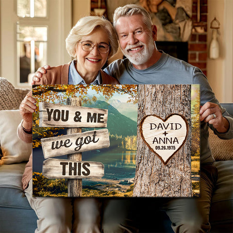 Personalized Couple Poster We Got Rustic Wood Sign Print Custom Name & Date Heart On Tree Autumn Forest Landscape, You & Me, Gifts For Him Her From Honey, Canvas Prints Wall Decor