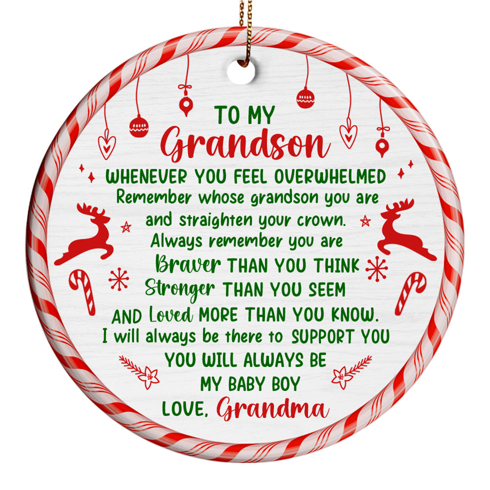 Grandsons Gifts, Remember Whose Grandson You Are Christmas Candy Cane Theme Circle Ceramic Ornament, Personalized Christmas Ornament, Gifts For Boys From Nana, Xmas Tree Decor