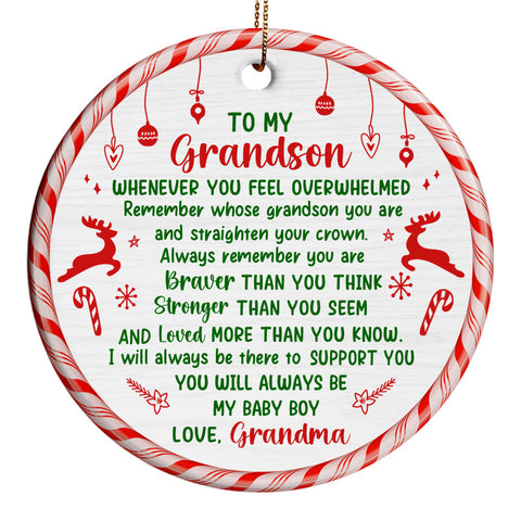 Grandsons Gifts, Remember Whose Grandson You Are Christmas Candy Cane Theme Circle Ceramic Ornament, Personalized Christmas Ornament, Gifts For Boys From Nana, Xmas Tree Decor