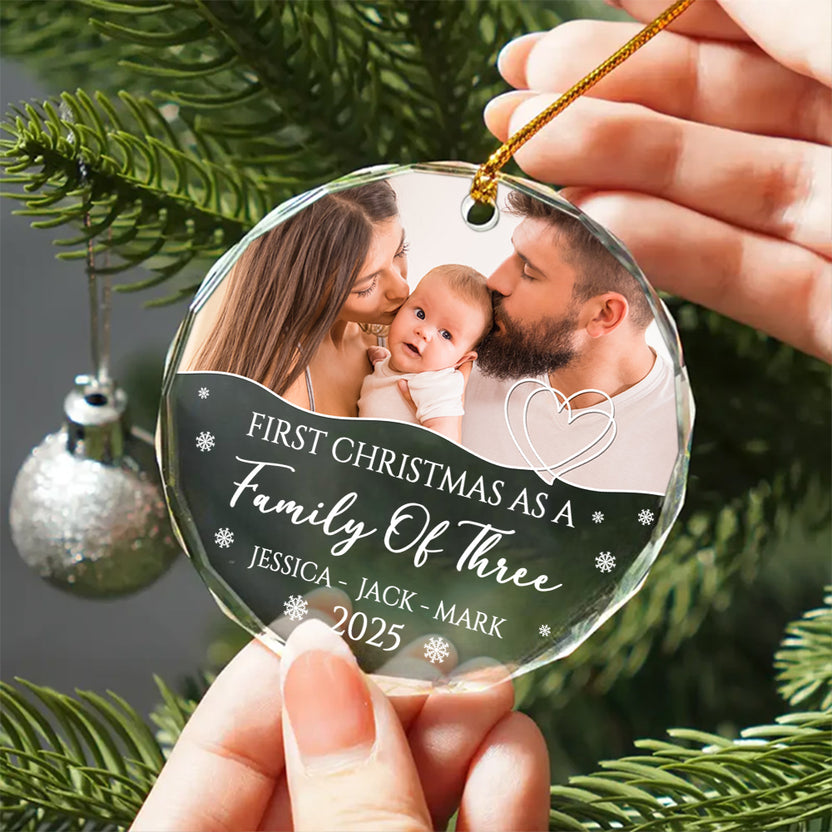 First Christmas As A Family Of Three Circle Glass Ornament, Personalized Photo Christmas Ornament, Gifts For New Parents