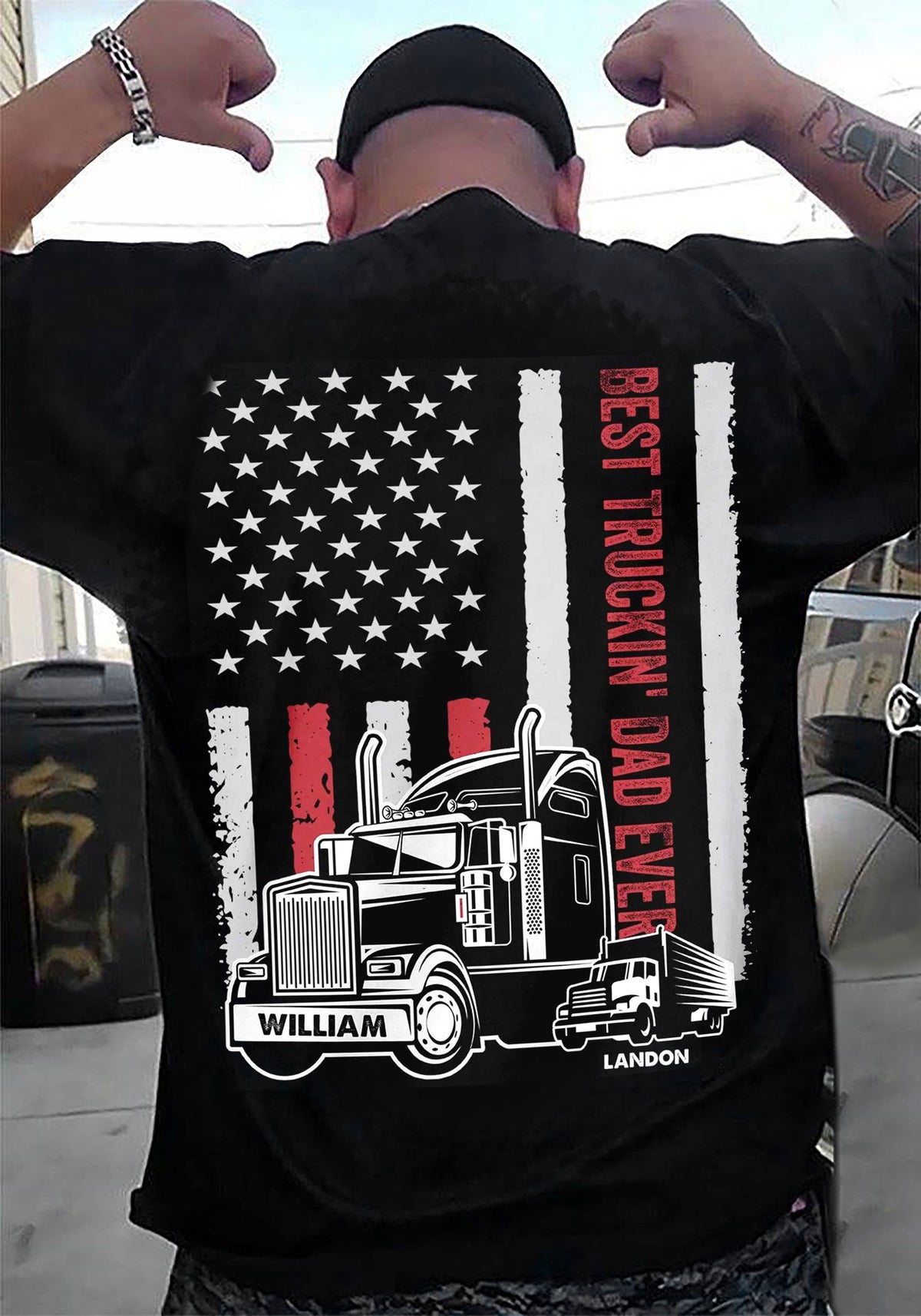 Personalized T-Shirt For Trucking Dad Father From Son Daughter Gifts For Dad Awesome Truckin' Dad Ever Vintage Flag Trucker Custom Name Short Sleeve Tops Tee Shirt For Father's Day