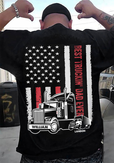 Personalized T-Shirt For Trucking Dad Father From Son Daughter Gifts For Dad Awesome Truckin' Dad Ever Vintage Flag Trucker Custom Name Short Sleeve Tops Tee Shirt For Father's Day
