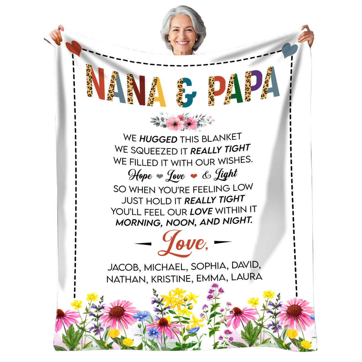 Grandma Gifts, Nana And Papa Blanket, Hugged And Squeezed Poem Message, Floral Border Artwork, Personalized Name, Personalized Blanket, Gifts For Nana From Grandkids, For Mother's Day