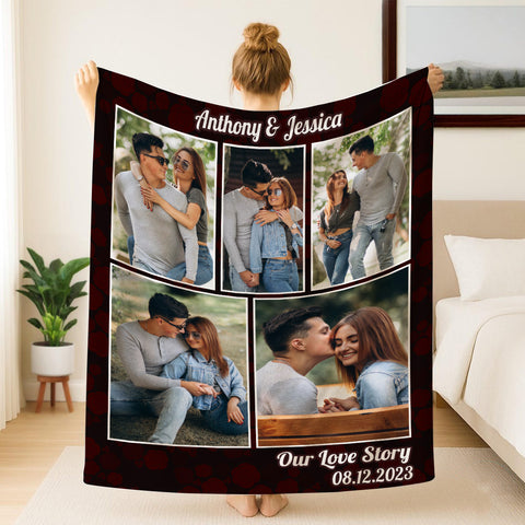 Personalized Photo Blanket, “Our Love Story” Couple Blanket, Custom Names Date Throw, Romantic Anniversary Gift, Cozy Fleece Memory Blanket
