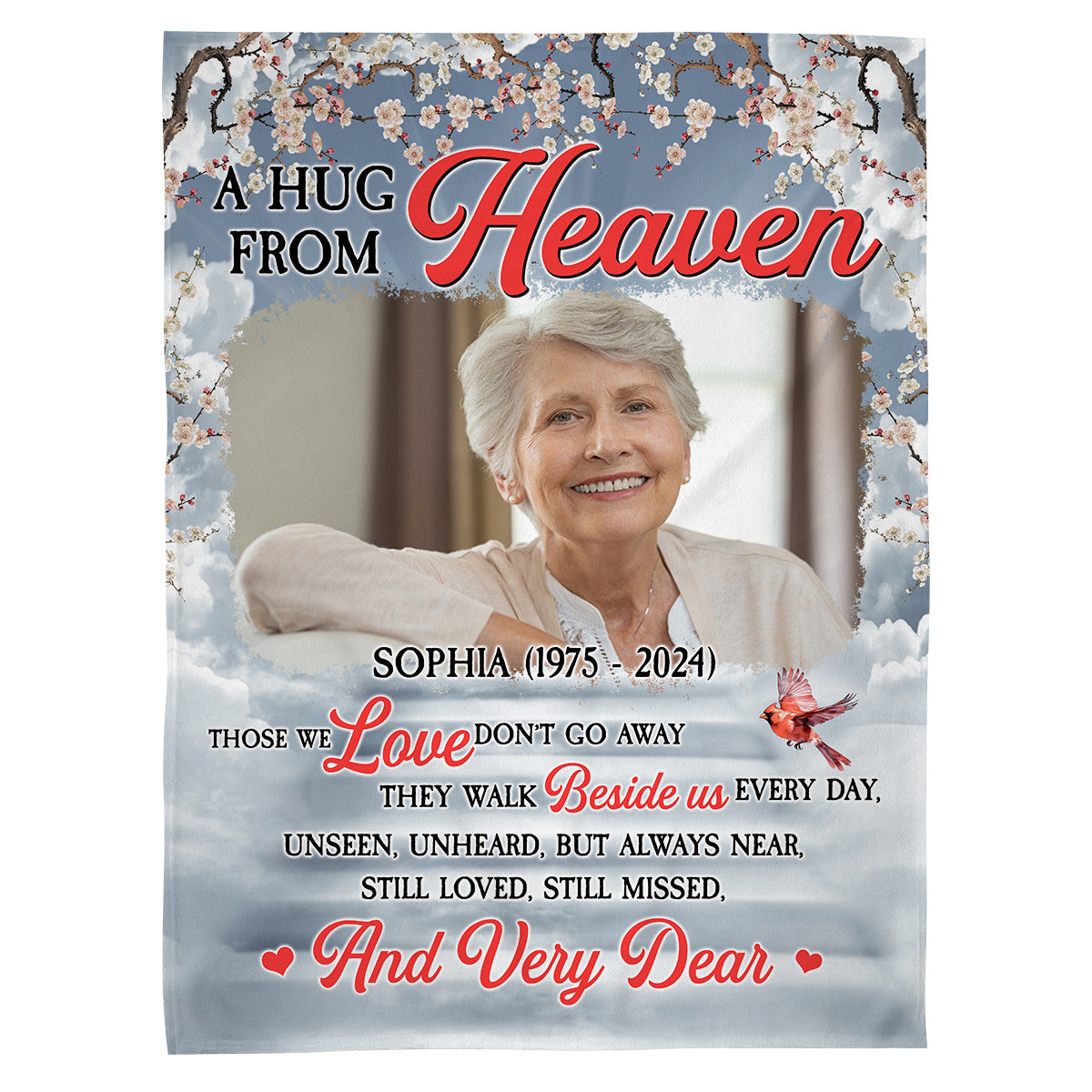 Sympathy Gifts, Personalized Memorial Blanket With Photo, A Hug From Heaven Those Love Don't Go Red Bird, Loss Of Grandma Mother Blanket, Fleece Sherpa, Grieving Gifts For Anniversary