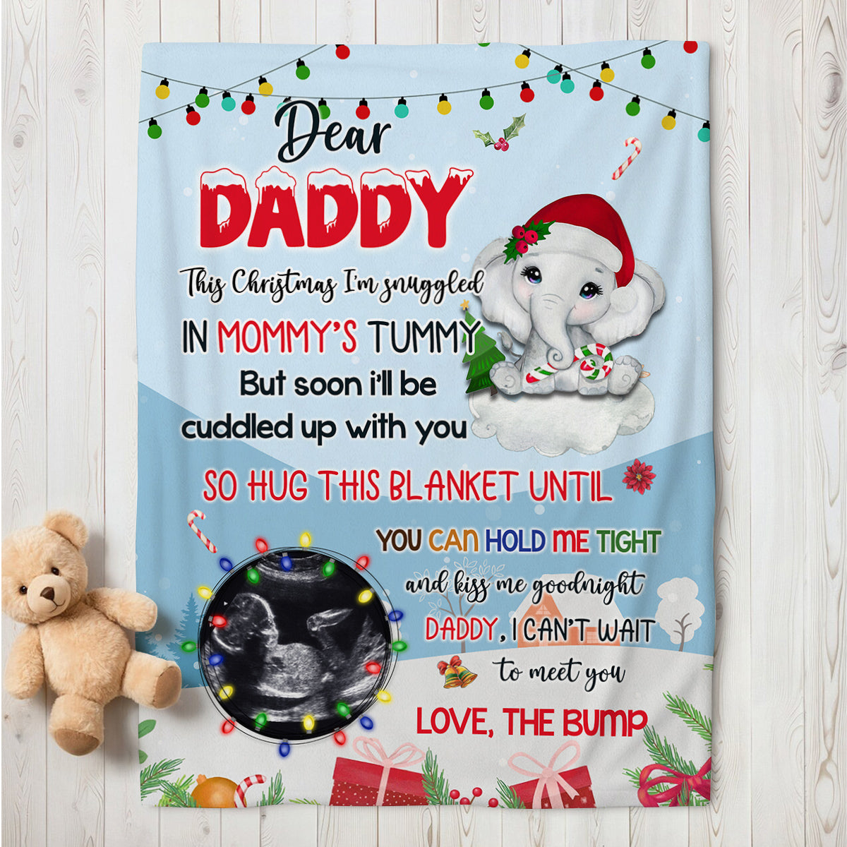 New Dad Gifts, Dear Daddy This Christmas I'm Snuggled In Mommy's Tummy Elephant Baby Ultrasound Photo , Personalized Blanket With Photo, Gifts For New Daddy, Fleece Sherpa Blanket