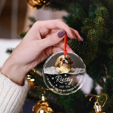 No Longer By Our Side But Forever In Our Heart Glass Circle Ornament, Personalized Pet Memorial Ornament With Photo, Gifts For Loss Of Dog, Tree Decor Christmas Keepsake, Pet Loss Gifts