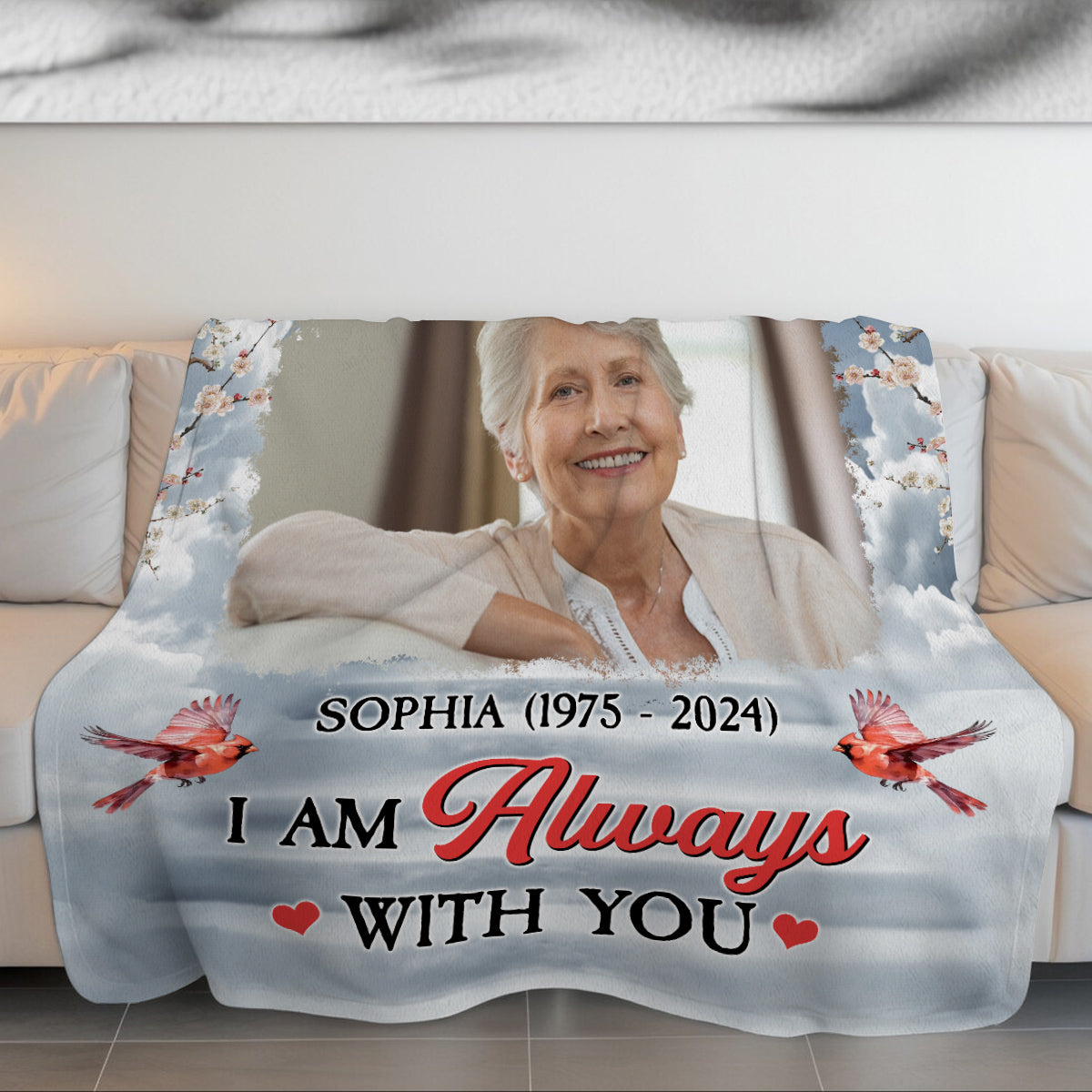 Remembrance Gifts, Personalized Memorial Blanket With Photo, I Am Always With You Red Bird Blossom Tree, Loss Of Grandpa Grandma Blanket, Fleece Sherpa, Memorial Gifts For Anniversary