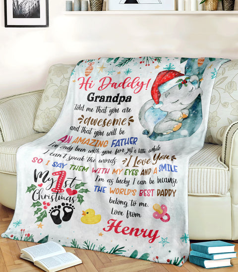 Personalized Animal Blanket For Future New Dad From Baby Bump Merry 1St Christmas Blue Sleeping Elephant Custom Name Unique Gifts For Christmas Fleece Sherpa Blanket For 1St Christmas