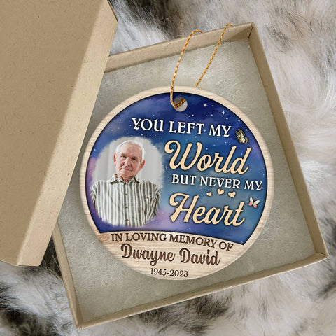 Bereavement Gifts, Personalized Photo Memorial Ornament, You Left World But Never My Heart Wooden Background, Gifts For Loss Of Loss Of Loved, Xmas Tree Decoration, Memorial Keepsake