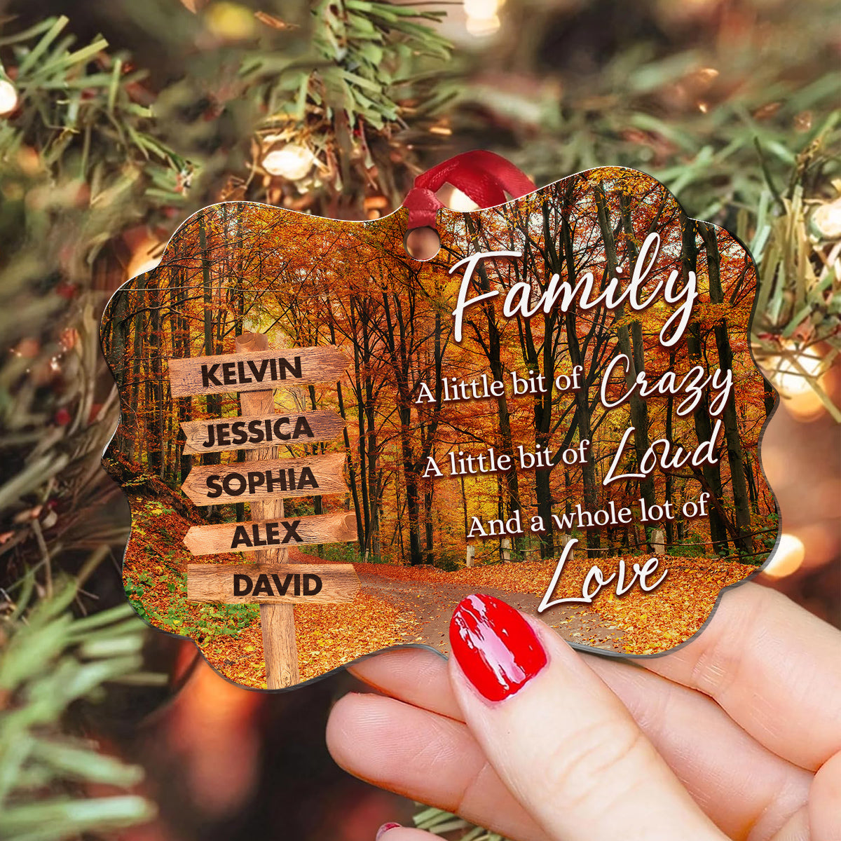 Family Little Bit Crazy, Little Bit Of Loud And Whole Lot Of Love Wooden Street Sign With Names Autumn Leaves Road Ornament