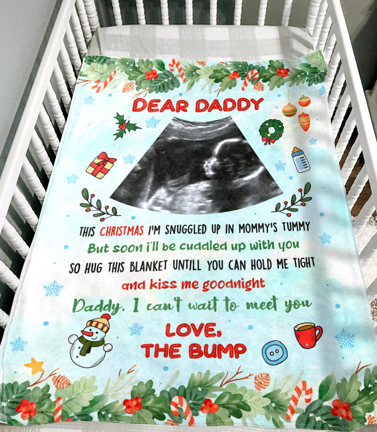 Personalized Sonogram Blanket For Dad To Be From Baby Bump I Can't Wait To Meet You Ultrasound Announcement Custom Name Photo Gifts For Christmas Fleece Sherpa Blanket For 1St Christmas