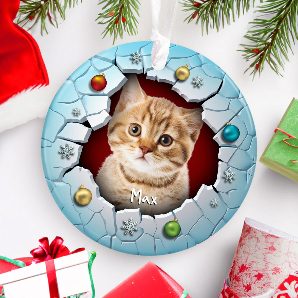 Fluffy Cat Christmas Ornament 3d Break Through Circle Circle Ceramic/ Plastic Design, Custom Name Pet Decoration, Holiday Keepsake Gifts, Personalized Christmas Ornament, Gifts For Cat