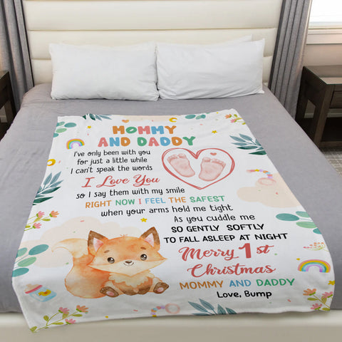 Merry 1st Christmas Mommy Daddy I've Only Been With You A While Footprint Baby Fox, Personalized Blanket, Gifts For New Parents, Fleece Sherpa Blanket, New Parents, Gifts For Xmas