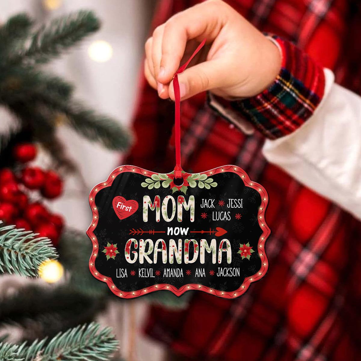 First Mom Now Grandma Ornament, Personalized Grandkids Names Christmas Gift, New Grandma Pregnancy Reveal Gift, Custom Holiday Keepsake
