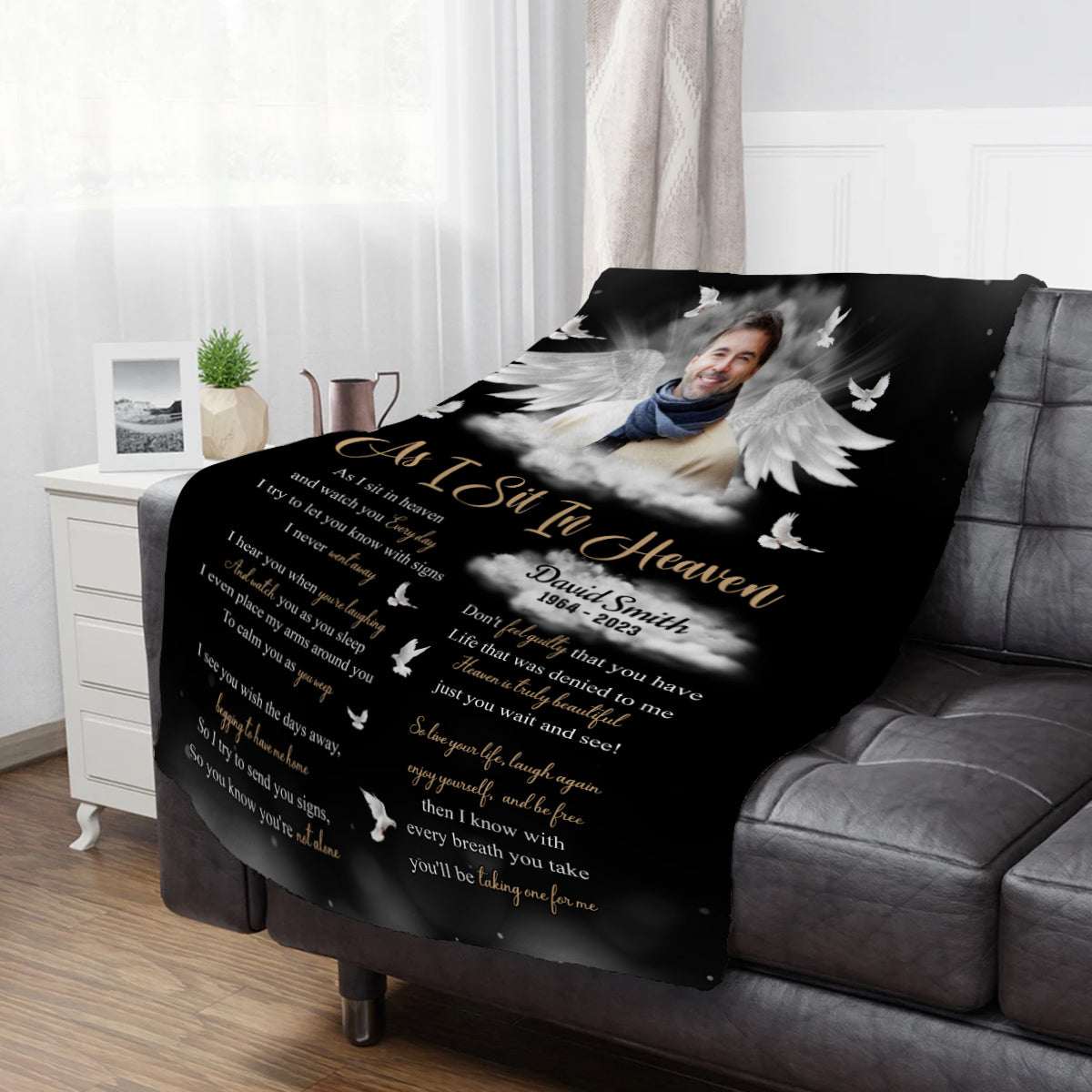 Sympathy Gifts, Memorial Blanket With Photo, Personalized Memorial Blanket, Heavenlies Angel Portrait Artwork, Remembrance Verse With Clouds And Doves, Spiritual Comfort Message