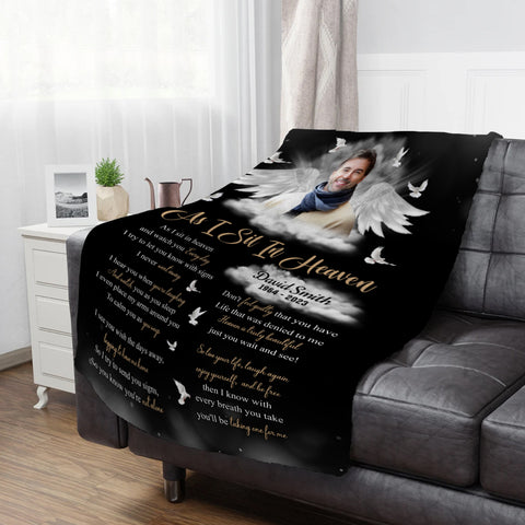 Sympathy Gifts, Memorial Blanket With Photo, Personalized Memorial Blanket, Heavenlies Angel Portrait Artwork, Remembrance Verse With Clouds And Doves, Spiritual Comfort Message