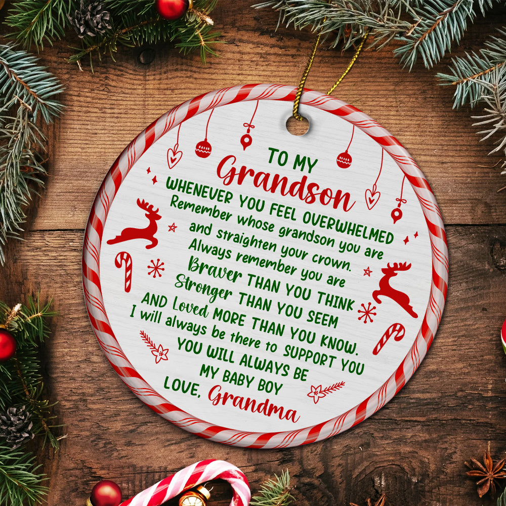 Grandsons Gifts, Remember Whose Grandson You Are Christmas Candy Cane Theme Circle Ceramic Ornament, Personalized Christmas Ornament, Gifts For Boys From Nana, Xmas Tree Decor