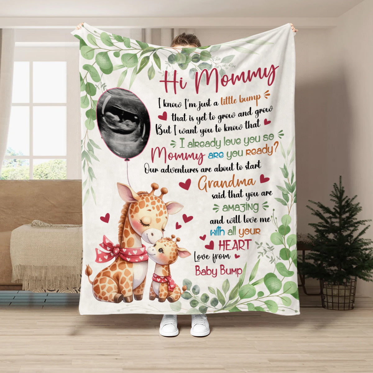 Mom To Be Gifts, I Already Love You Leaf Mommy Baby Giraffe With Balloon Green Leaf, Personalized Blanket, Gifts For New Mom