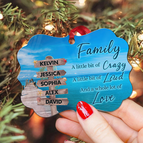 Family Little Bit Crazy, Little Bit Of Loud And Whole Lot Of Love Wooden Street Sign With Names Ocean Dock Christmas Ornament