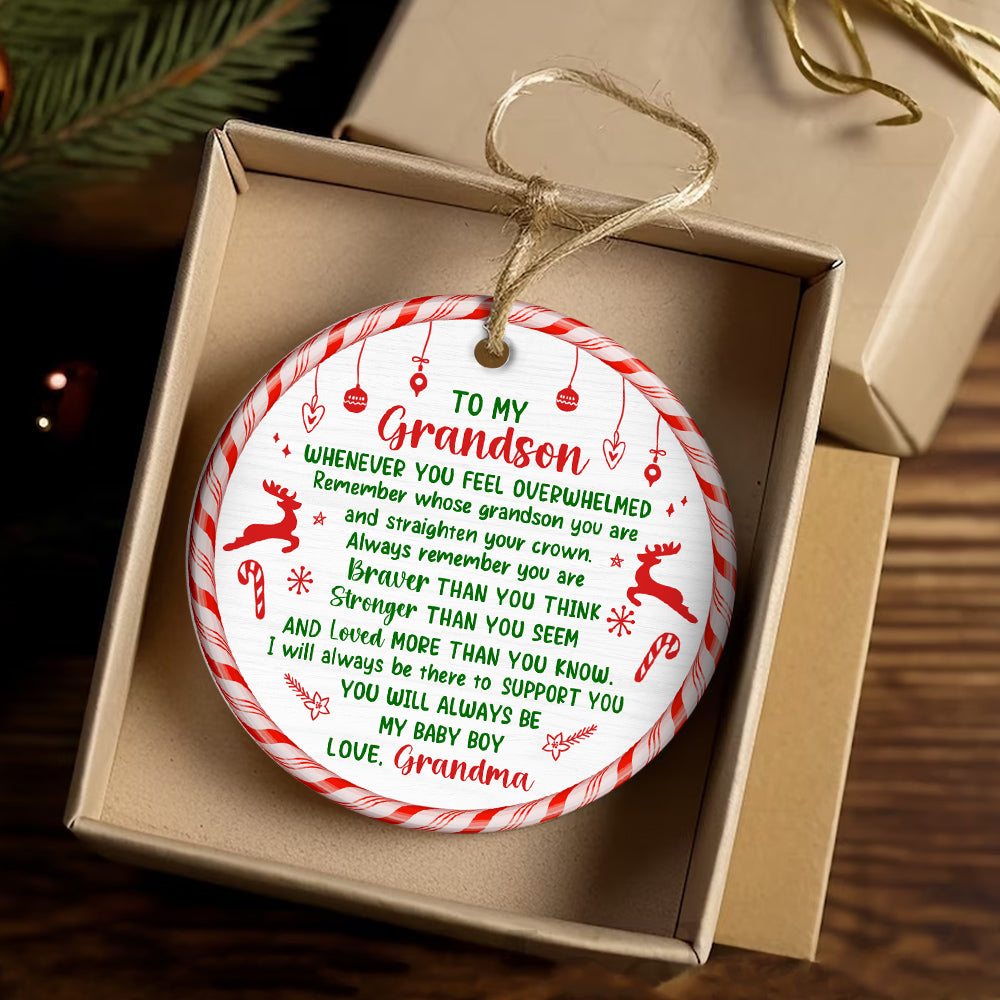 Grandsons Gifts, Remember Whose Grandson You Are Christmas Candy Cane Theme Circle Ceramic Ornament, Personalized Christmas Ornament, Gifts For Boys From Nana, Xmas Tree Decor