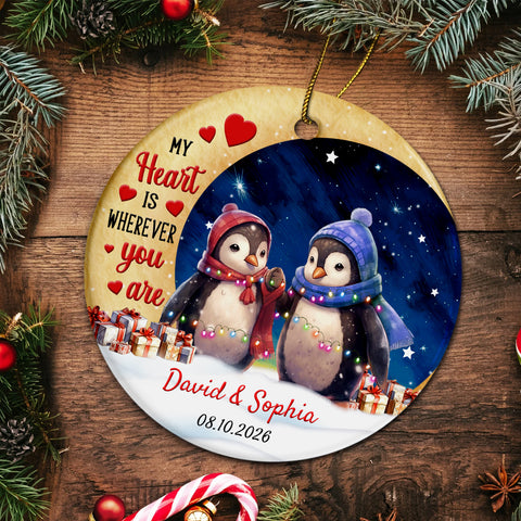 My Heart Is Wherever Cute Penguin Couple Crescents Moon, Romantic Penguin Couple Ornament Keepsake, Holiday Tree Decoration, Gifts For Him Honey Married Couples Him Her Wife Husband