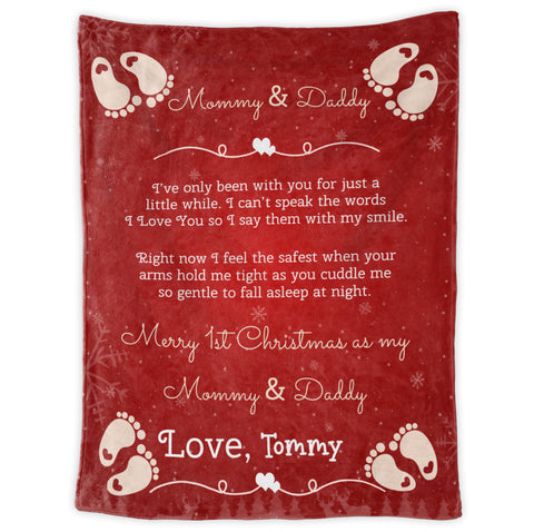 Personalized Blanket For 1st Time Mom Dad From New Born Merry 1st Christmas As Mommy And Daddy Cute Feet Print Custom First Time Mom Gifts Fleece Blanket For Christmas Gender Reveal